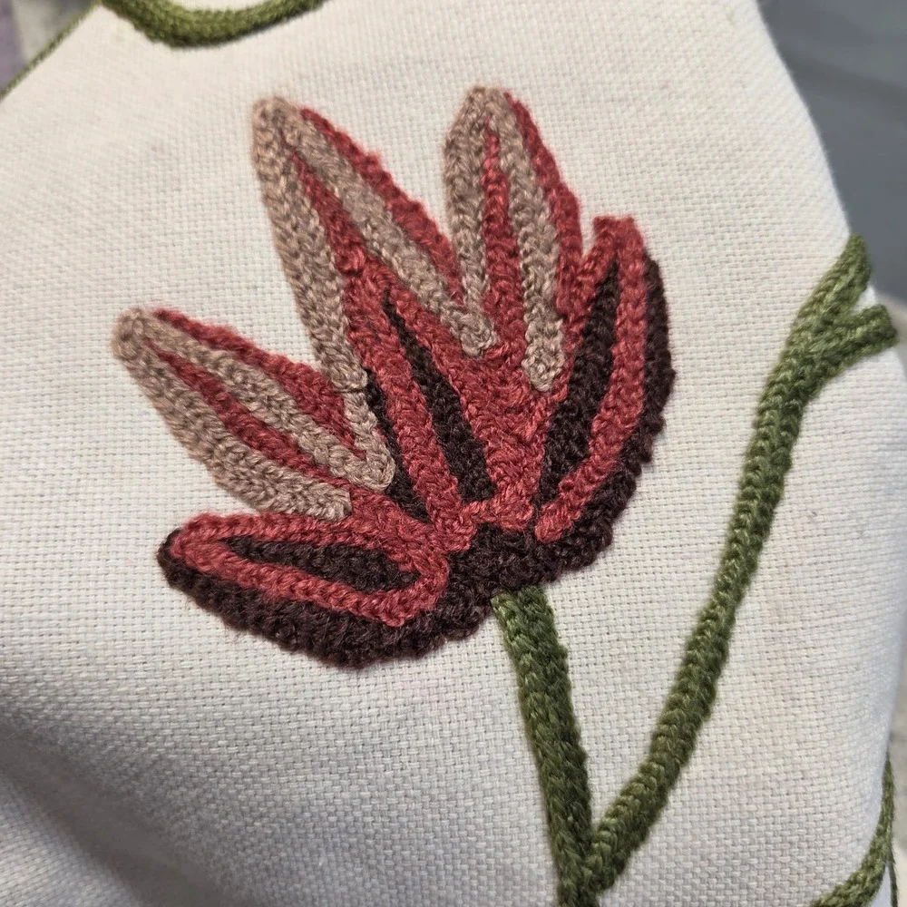Floral Crewel‎ Embroidered Throw Pillow Covers Set of 2 Cream Burgundy 17.5x17.5